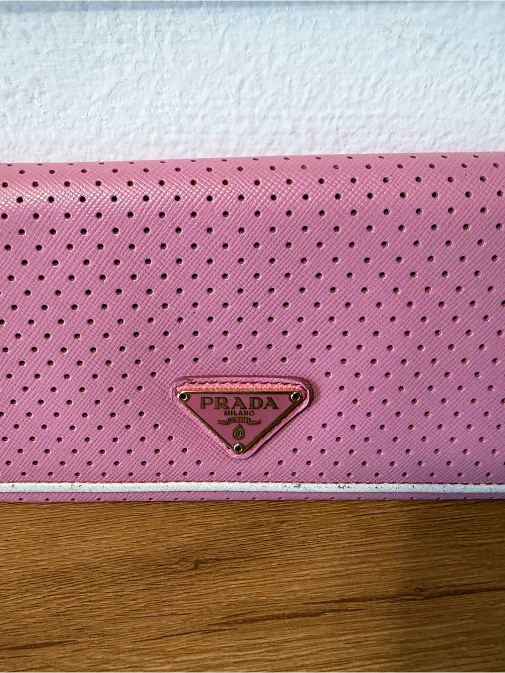 Prada Pink Perforated Saffiano Leather Clutch with Gold Logo